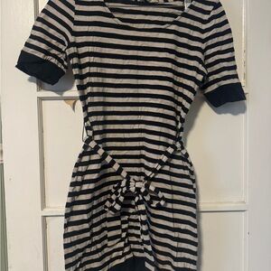 Banana Republic Black and Cream Striped Tie-Waist Midi Dress